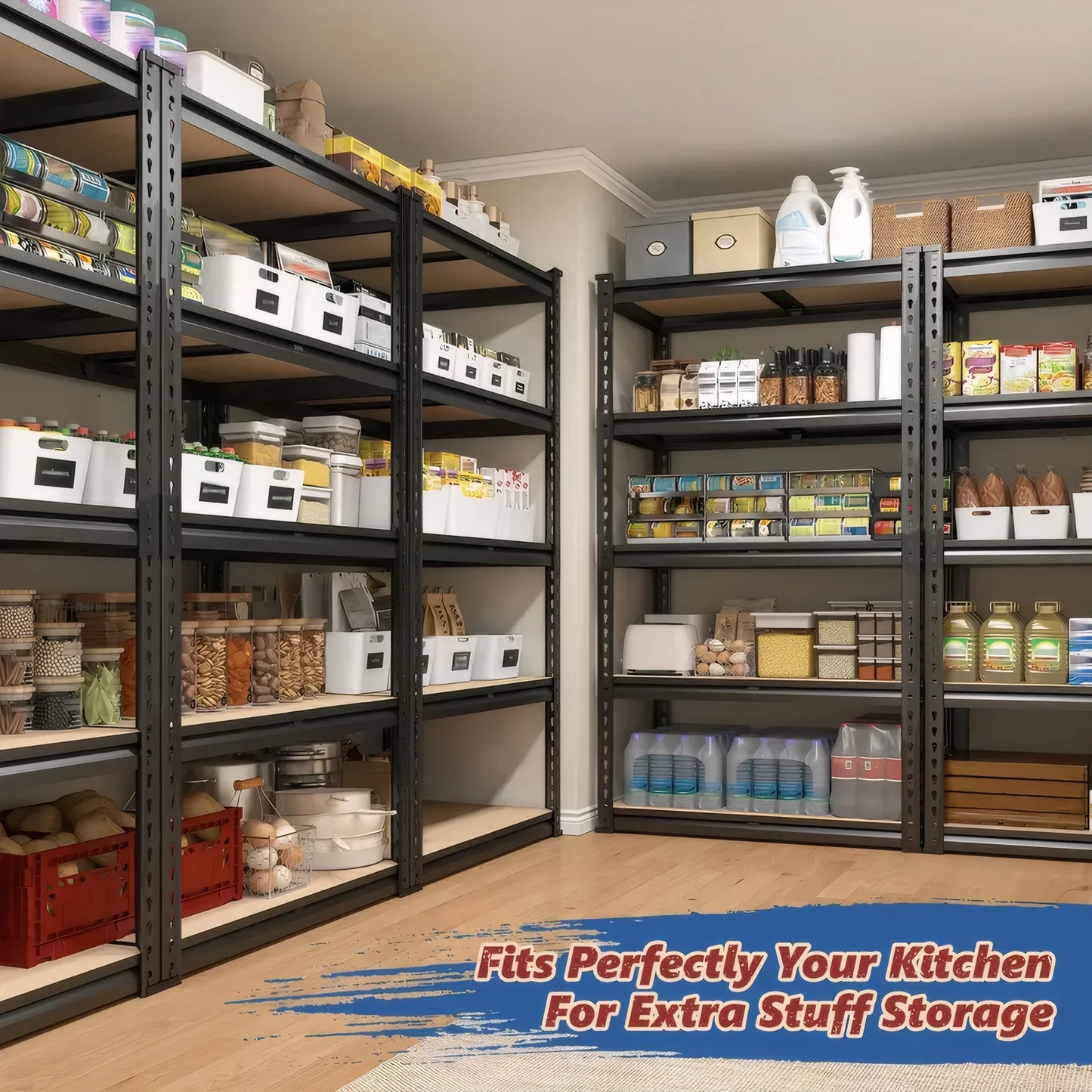 Storage shelves filled with various items in a kitchen setting with promotional text.