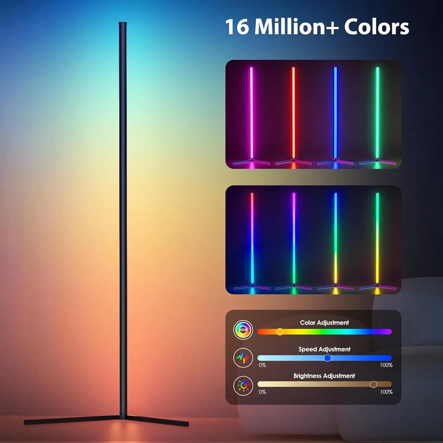 Colorful LED lamp with 16 million+ color options on a gradient background