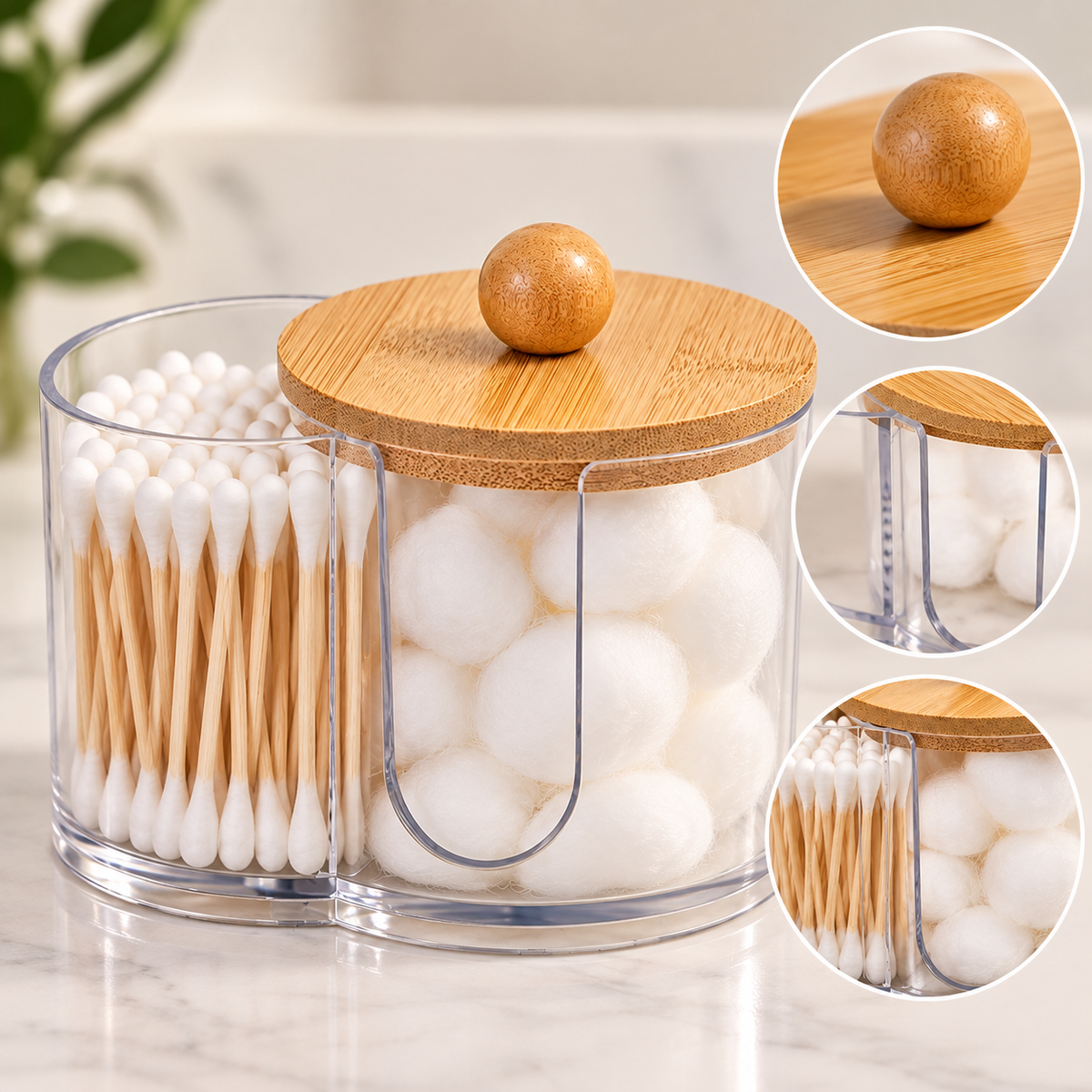 2-in-1 Cotton Swab & Cotton Ball Holder – Clear Bathroom Organizer with Bamboo Lid