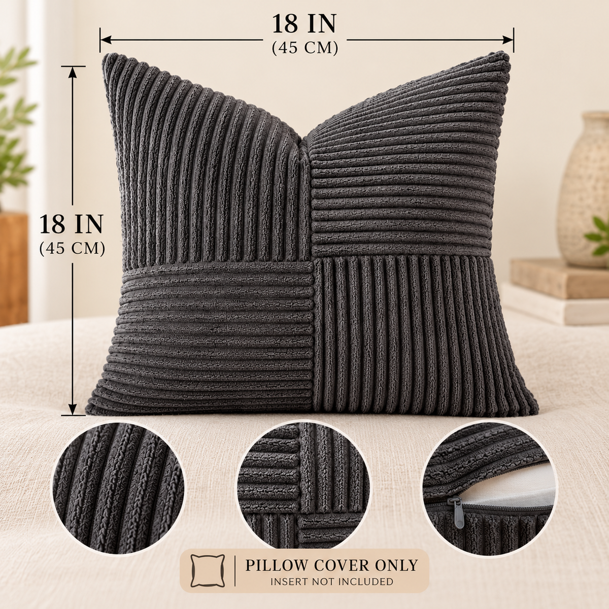 Textured Corduroy Patchwork Throw Pillow Cover – 18 x 18 Inch