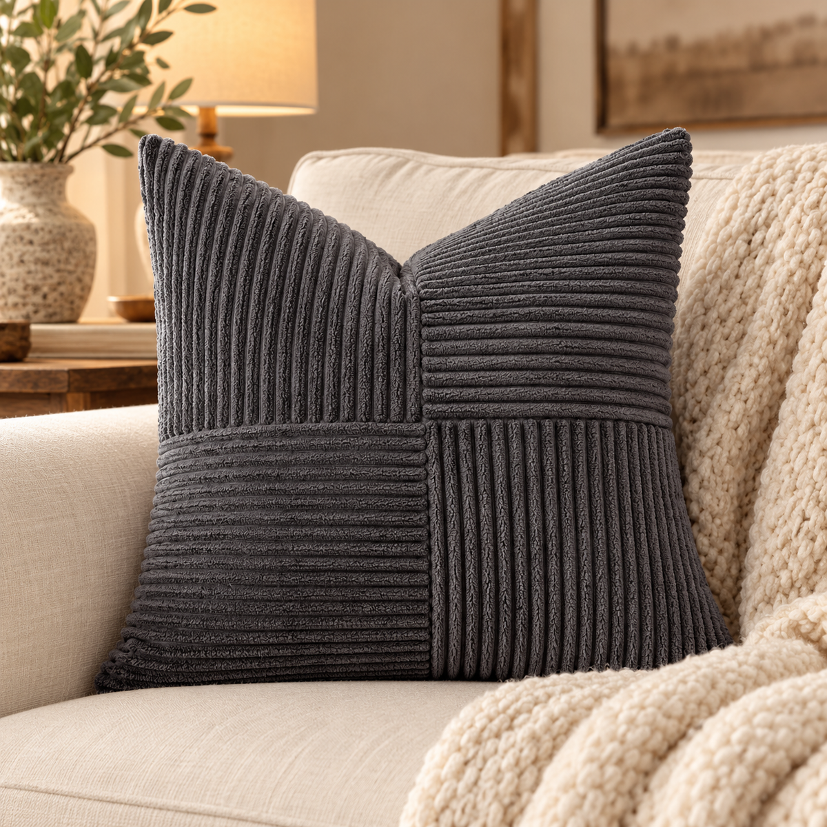 Textured Corduroy Patchwork Throw Pillow Cover – 18 x 18 Inch