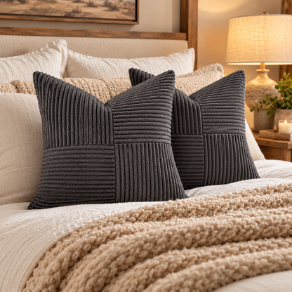 Textured Corduroy Patchwork Throw Pillow Cover – 18 x 18 Inch