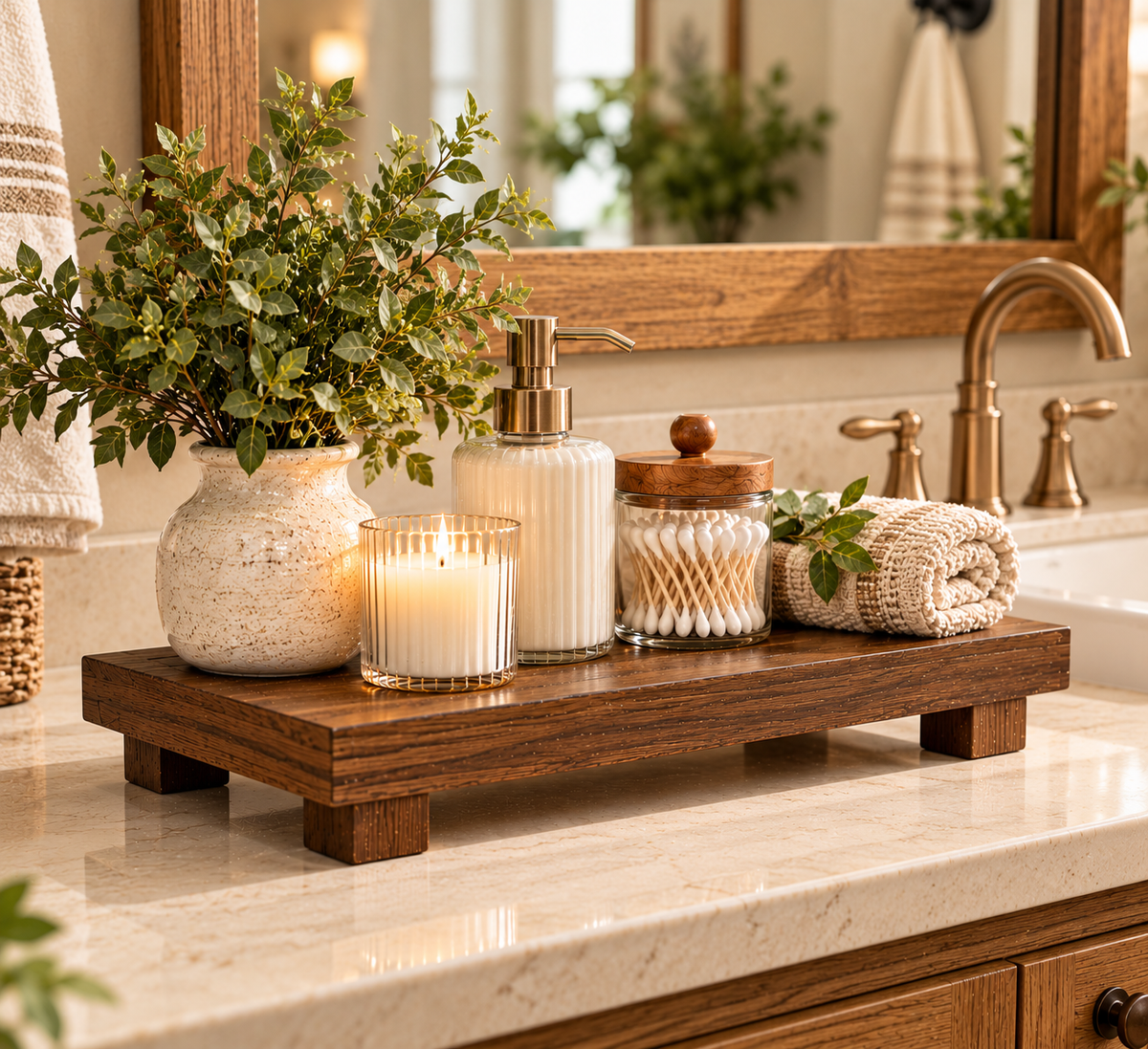 Wooden Pedestal Display Tray – Rustic Bathroom Vanity & Countertop Déco