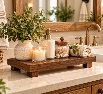 Wooden Pedestal Display Tray – Rustic Bathroom Vanity & Countertop Déco
