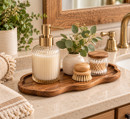 Natural Wood-Style Decorative Tray – Bathroom Vanity & Countertop Organizer