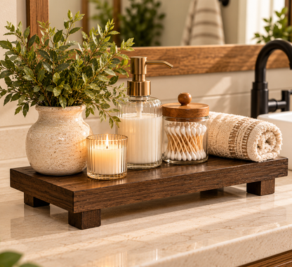 Wooden Pedestal Display Tray – Rustic Bathroom Vanity & Countertop Déco