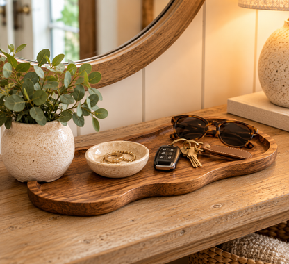 Natural Wood-Style Decorative Tray – Bathroom Vanity & Countertop Organizer