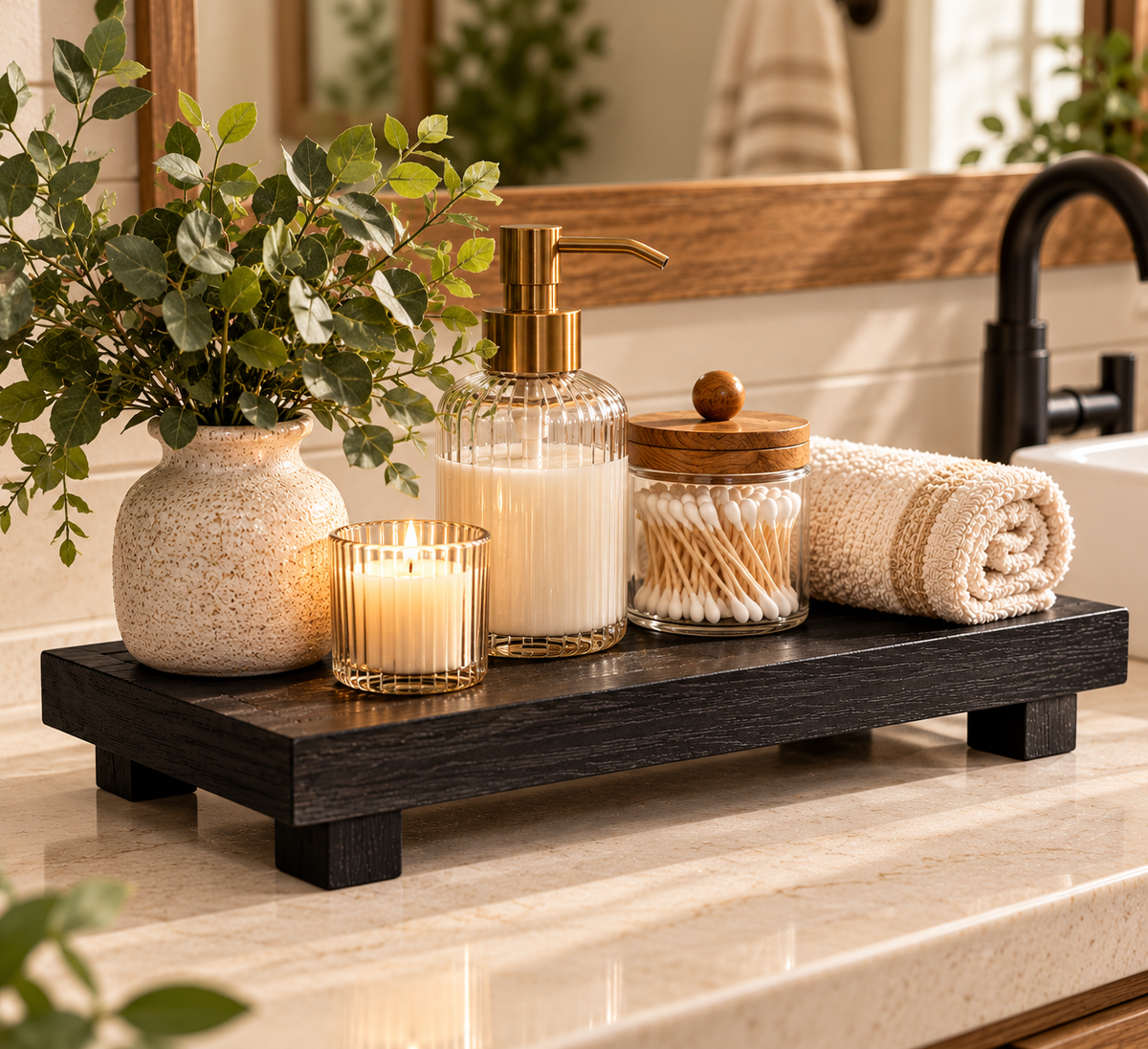 Wooden Pedestal Display Tray – Rustic Bathroom Vanity & Countertop Déco