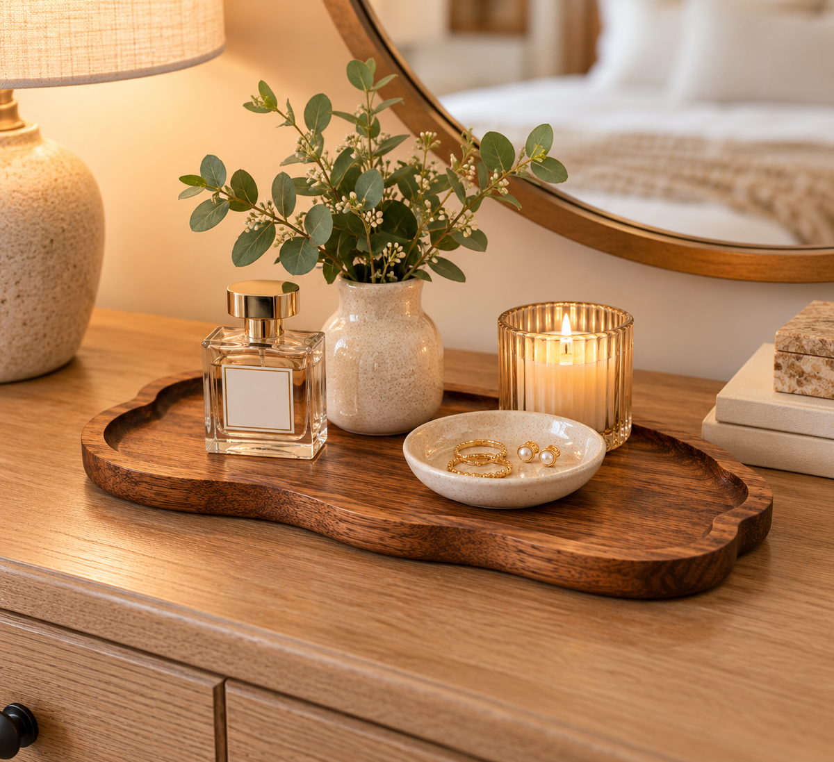 Natural Wood-Style Decorative Tray – Bathroom Vanity & Countertop Organizer