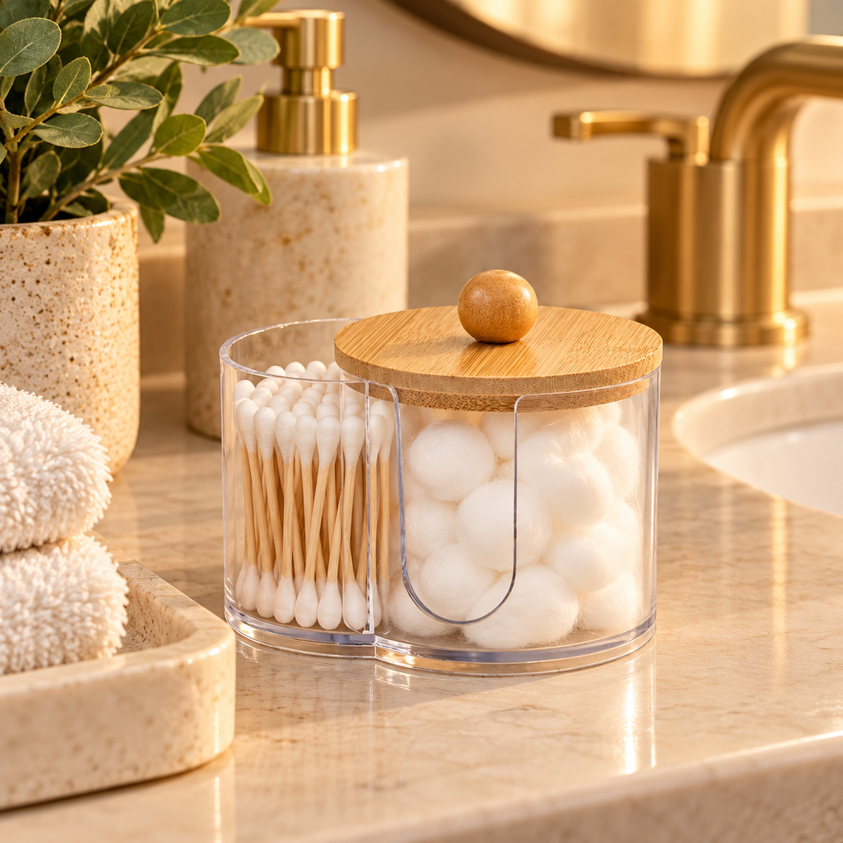 2-in-1 Cotton Swab & Cotton Ball Holder – Clear Bathroom Organizer with Bamboo Lid