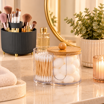 2-in-1 Cotton Swab & Cotton Ball Holder – Clear Bathroom Organizer with Bamboo Lid