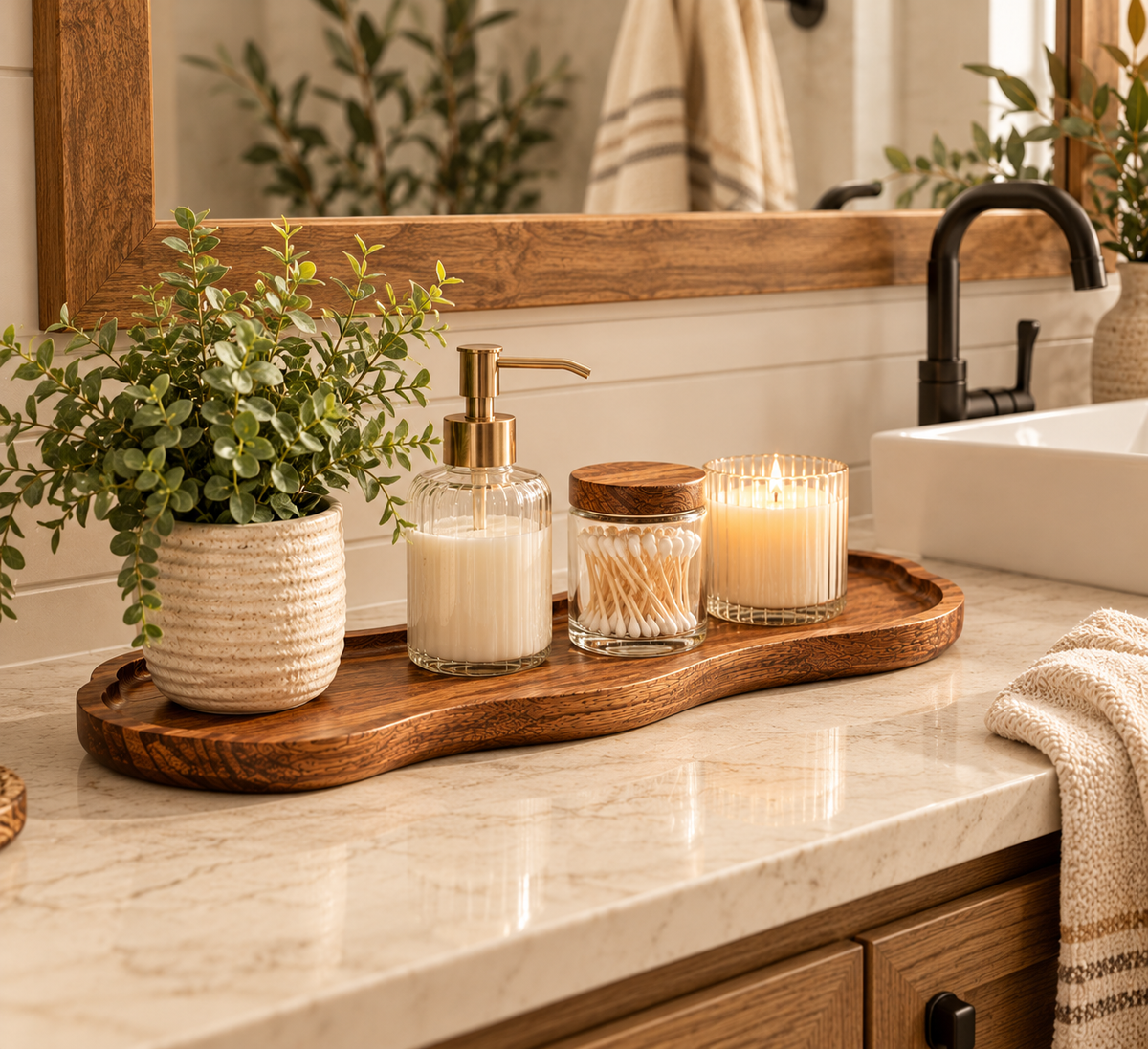 Natural Wood-Style Decorative Tray – Bathroom Vanity & Countertop Organizer