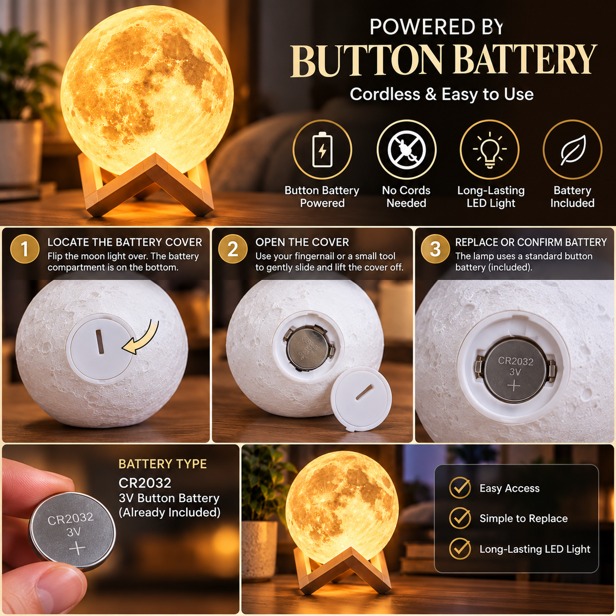 3D LED Moon Night Light – Ambient Bedroom & Desk Lamp