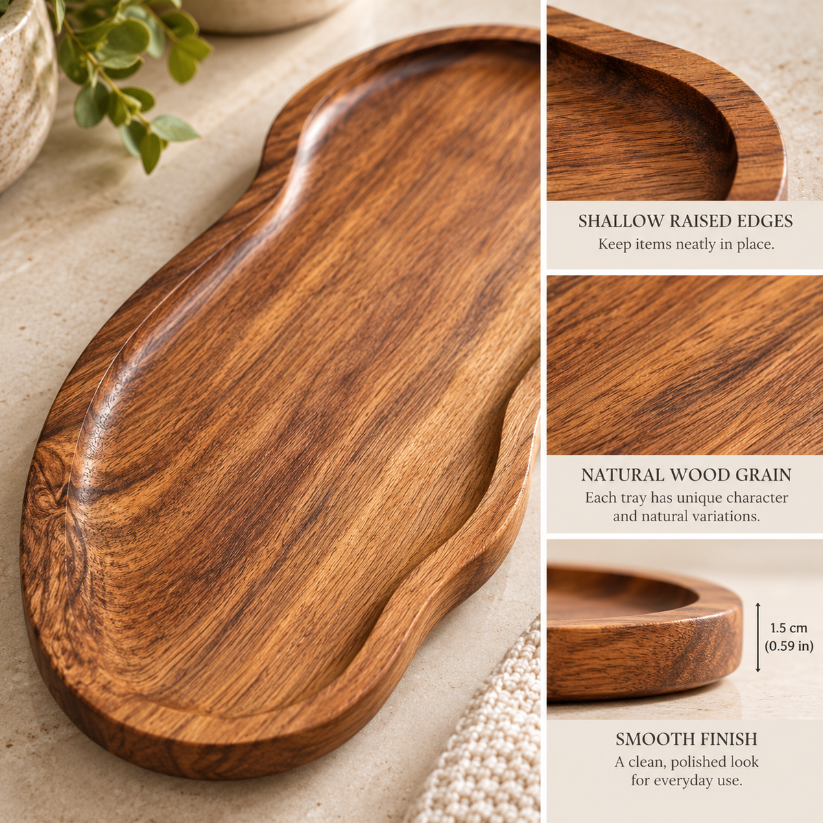 Natural Wood-Style Decorative Tray – Bathroom Vanity & Countertop Organizer