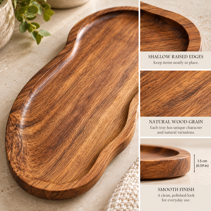 Natural Wood-Style Decorative Tray – Bathroom Vanity & Countertop Organizer
