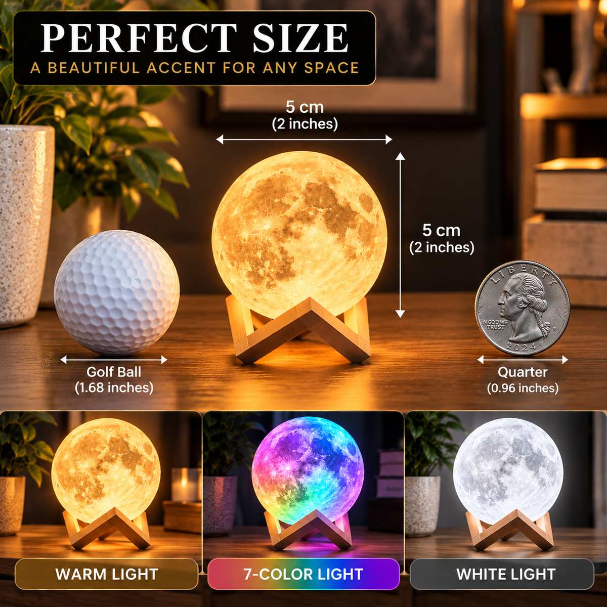 3D LED Moon Night Light – Ambient Bedroom & Desk Lamp