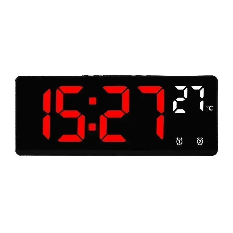 Digital clock with red LED display on a white background