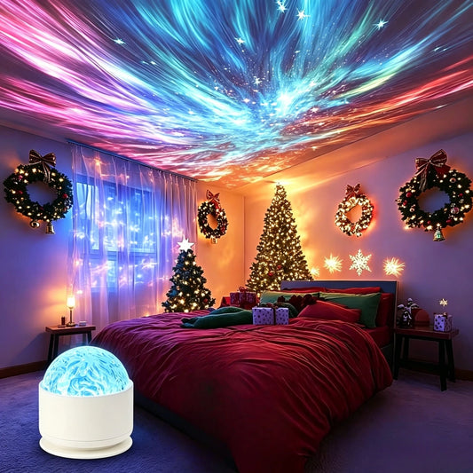 A bedroom decorated for Christmas with a glowing galaxy projector lamp on the floor casting colorful light trails across the ceiling, alongside a bed with red bedding, wreaths, string lights, and small Christmas trees.
