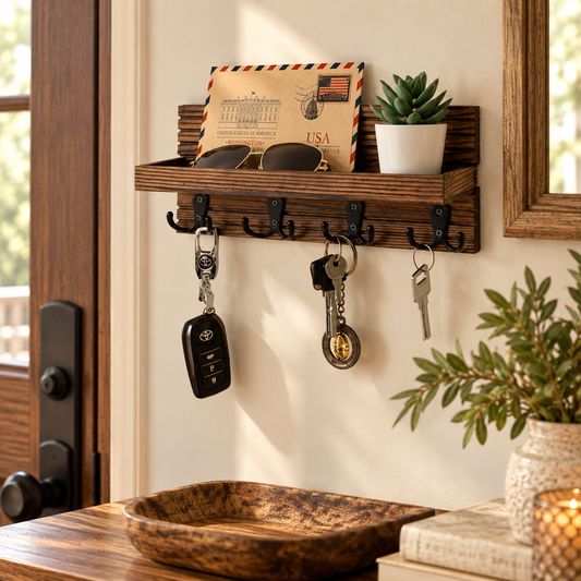 Rustic Wall-Mounted Key Holder with Shelf & 4 Hooks