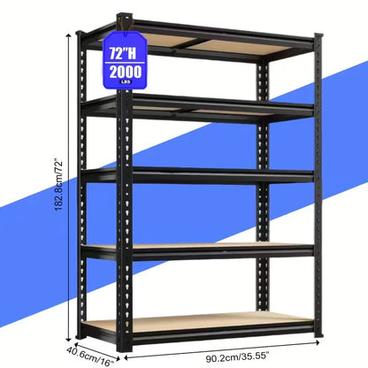 Black metal shelving unit with dimensions and weight capacity on a blue and white background