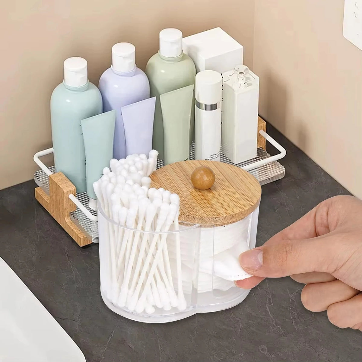 2-in-1 Cotton Swab and Cotton Ball Holder with Bamboo Lid, Clear Bathroom Organizer