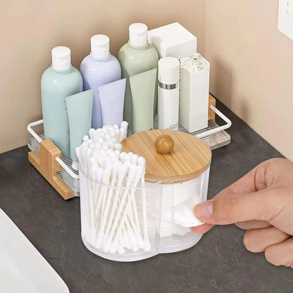 2-in-1 Cotton Swab and Cotton Ball Holder with Bamboo Lid, Clear Bathroom Organizer
