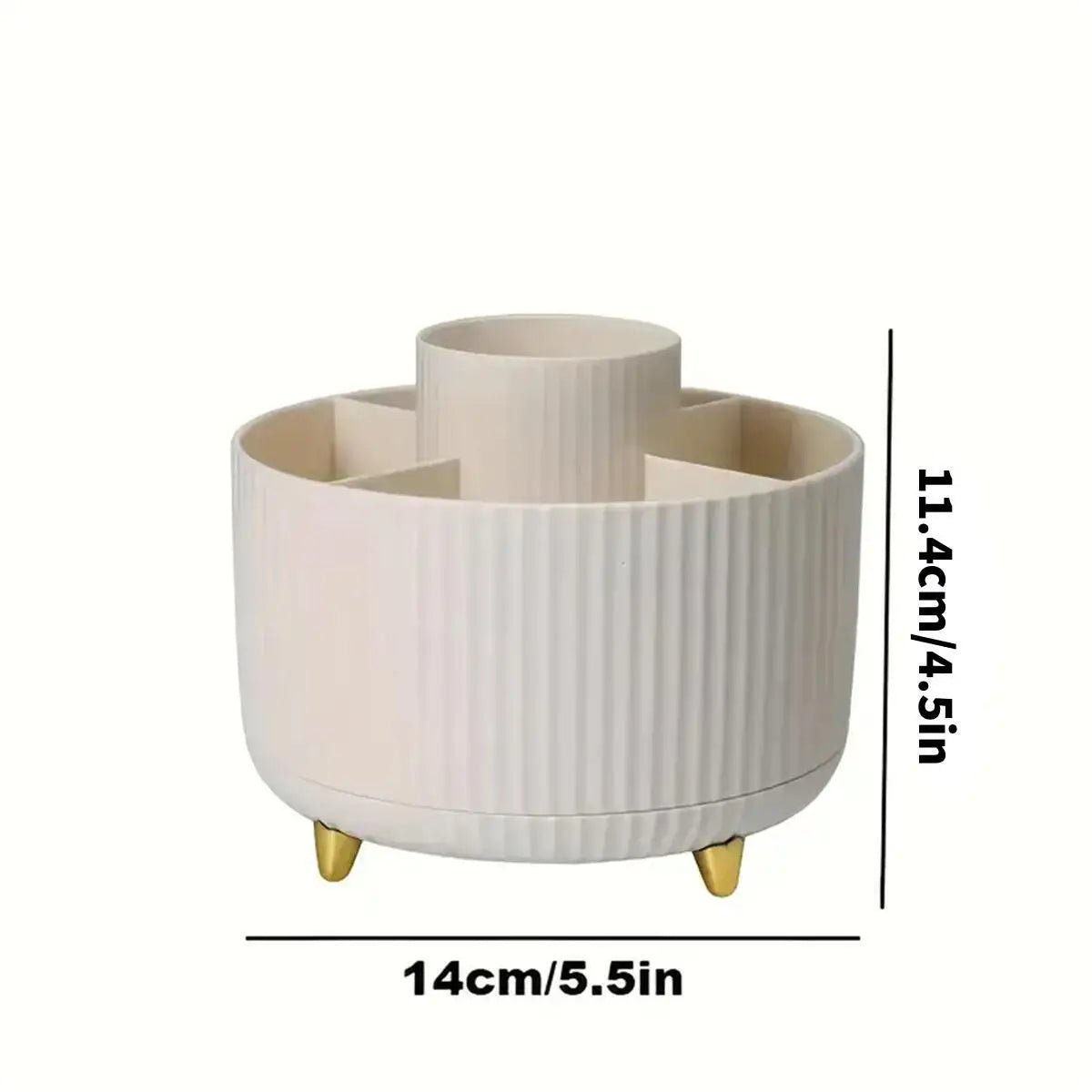 White ribbed planter with gold feet and dimensions on a white background