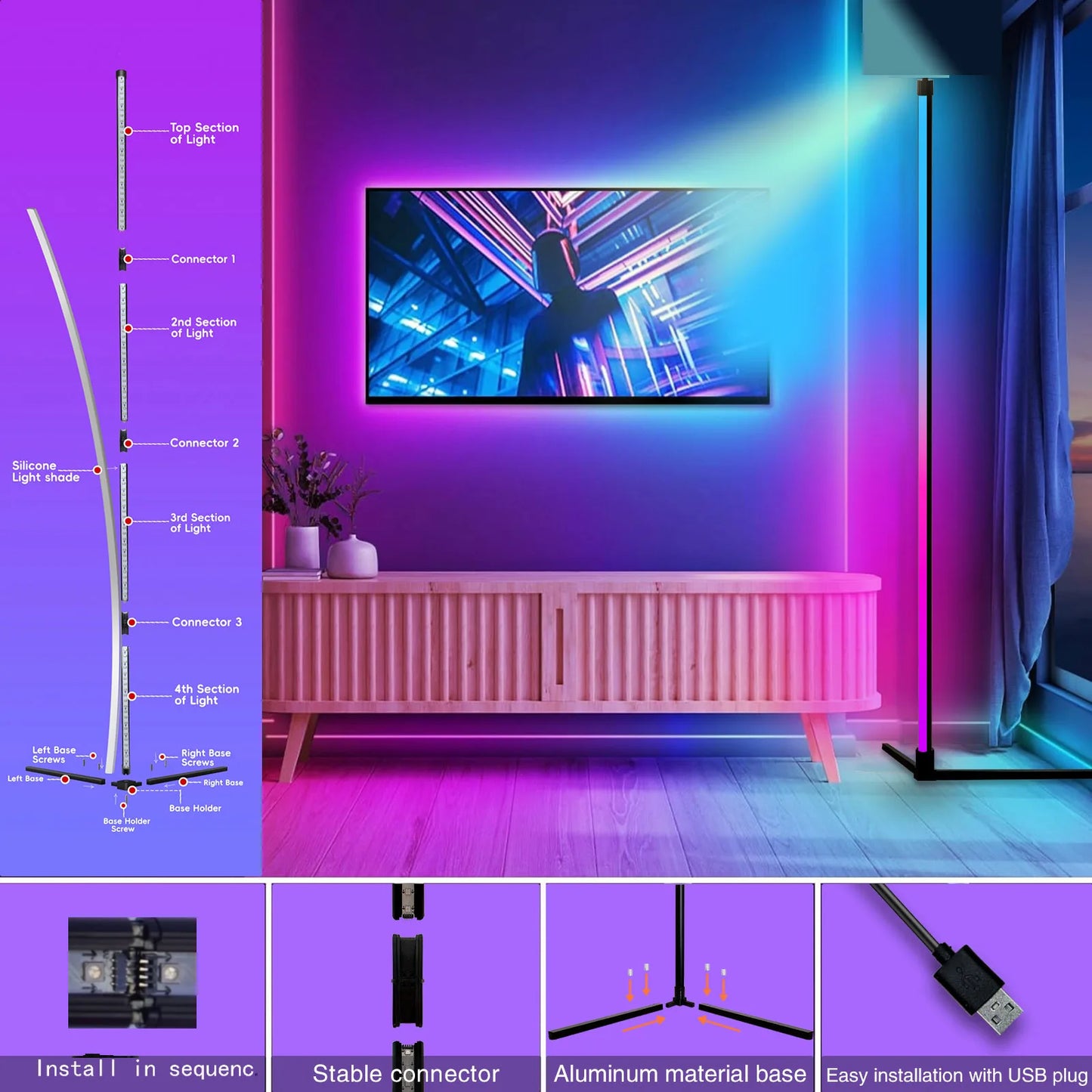 Neon light strip setup with a TV in a room, showing installation diagram and product features.