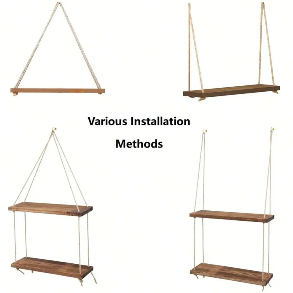 Wood Hanging Wall Shelf with Hemp Rope – Rustic Floating Display Shelf for Plants, Décor & Storage