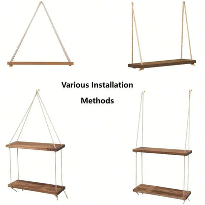Wood Hanging Wall Shelf with Hemp Rope – Rustic Floating Display Shelf for Plants, Décor & Storage