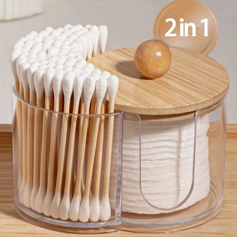 2-in-1 Cotton Swab and Cotton Ball Holder with Bamboo Lid, Clear Bathroom Organizer