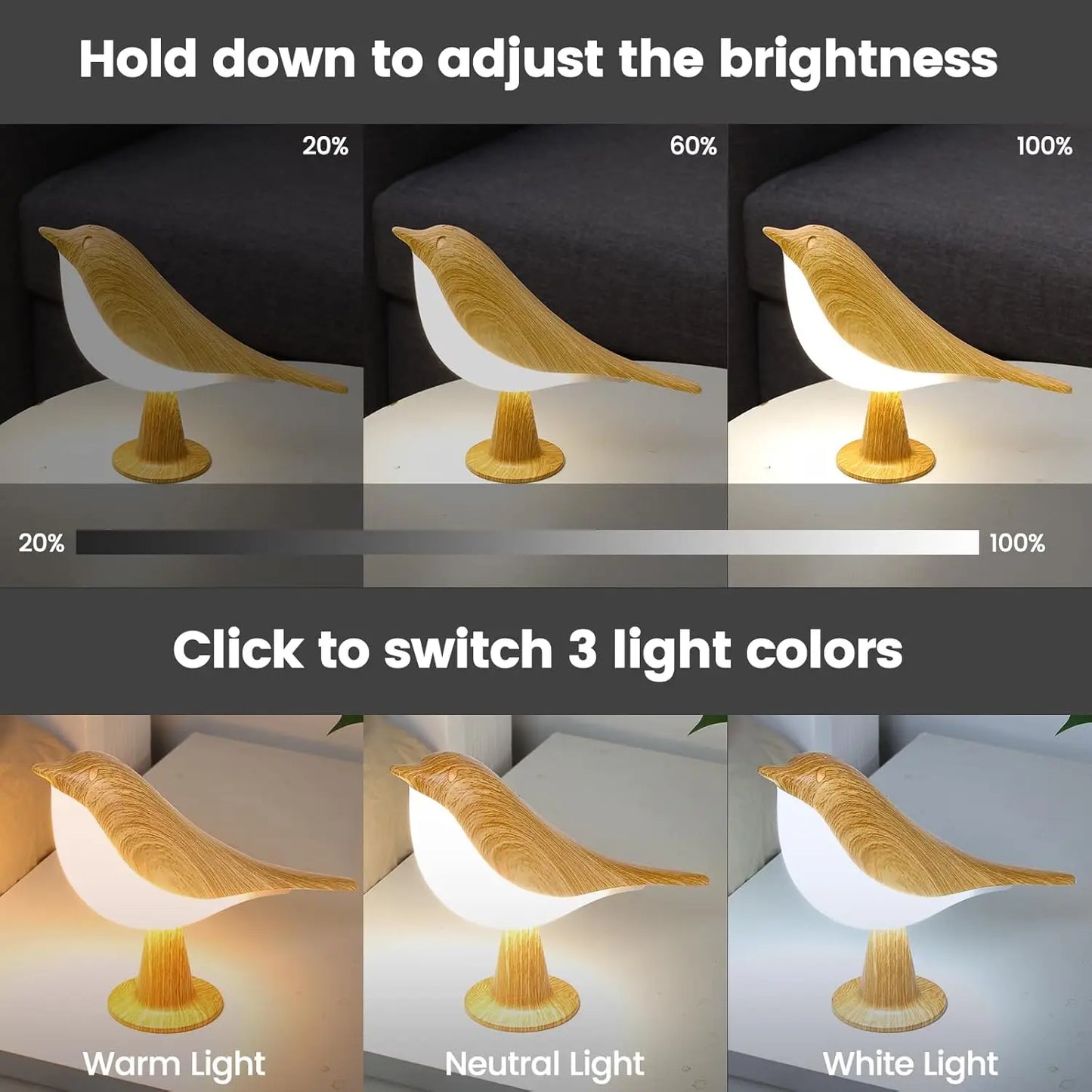 LED Bird Table Lamp with Touch Control, 3-Level Dimming