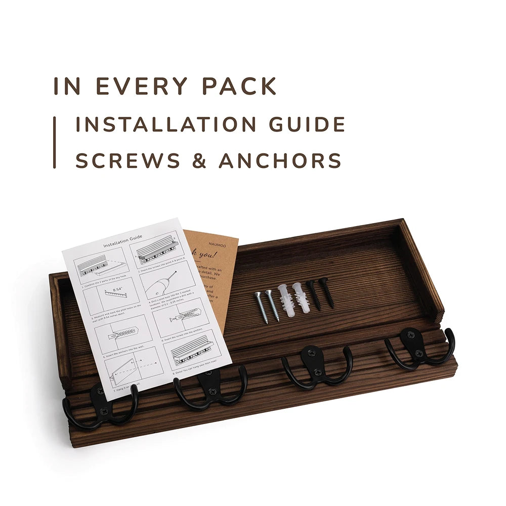 Wooden wall-mounted hook rack with installation guide, screws, and anchors on a white background.