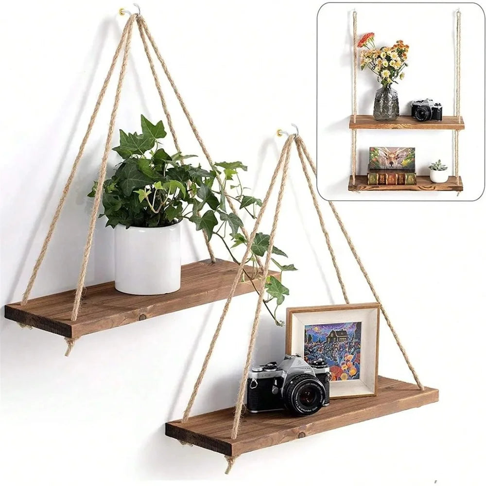 Wood Hanging Wall Shelf with Hemp Rope – Rustic Floating Display Shelf for Plants, Décor & Storage