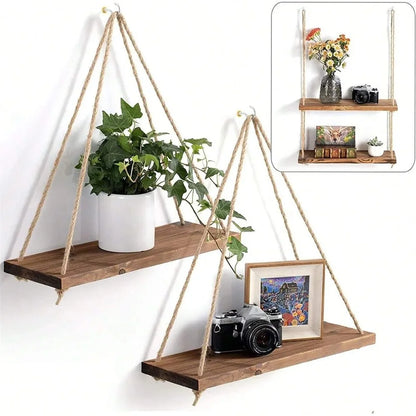 Wood Hanging Wall Shelf with Hemp Rope – Rustic Floating Display Shelf for Plants, Décor & Storage
