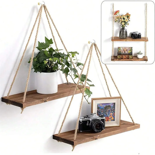 Wood Hanging Wall Shelf with Hemp Rope – Rustic Floating Display Shelf for Plants, Décor & Storage