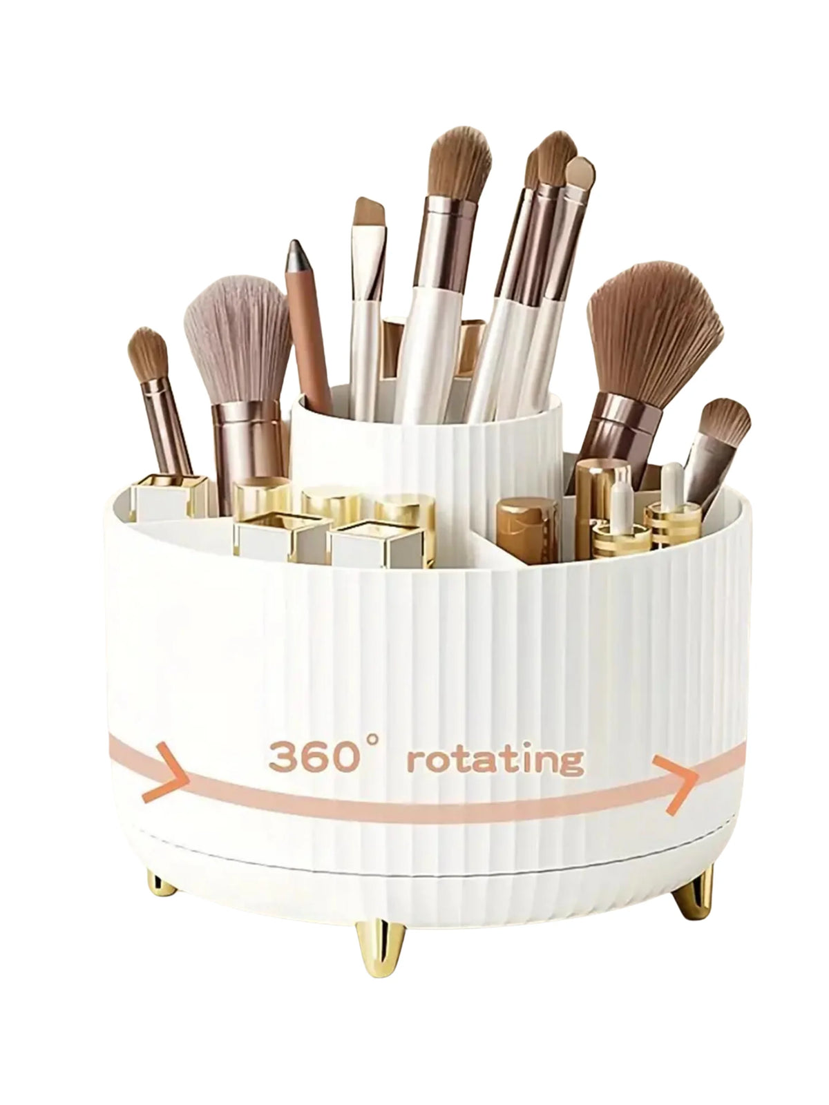 Makeup brush holder with various brushes on a white background