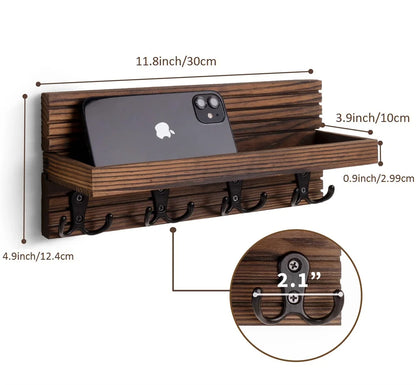 Rustic Wooden Wall Key Holder & Mail Organizer with Shelf and 4 Hooks for Entryway