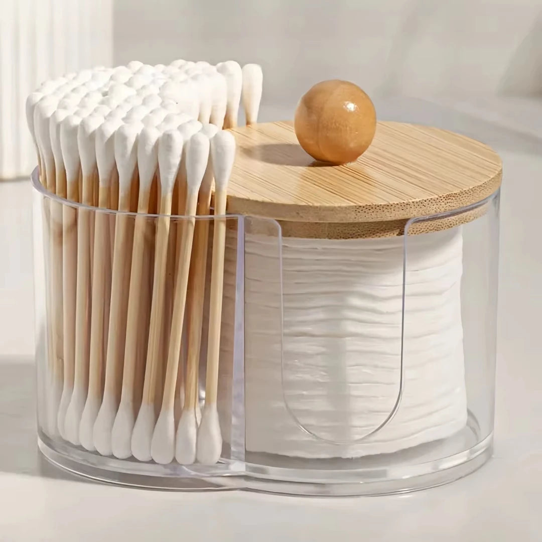 2-in-1 Cotton Swab and Cotton Ball Holder with Bamboo Lid, Clear Bathroom Organizer