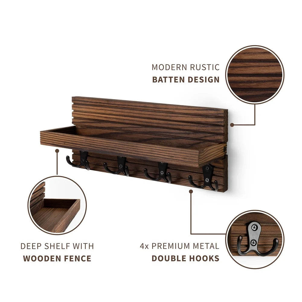 Wooden wall shelf with hooks and deep shelf, featuring modern rustic design.