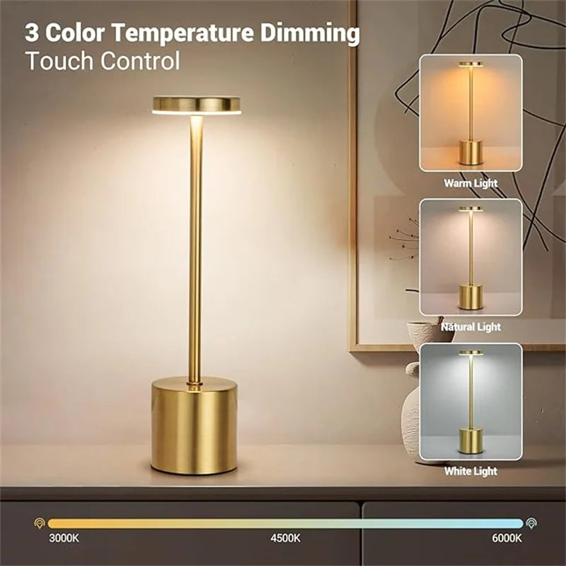 LED Table Lamp with Touch Control, USB Rechargeable, 3-Color Dimming, Portable Nightstand Light