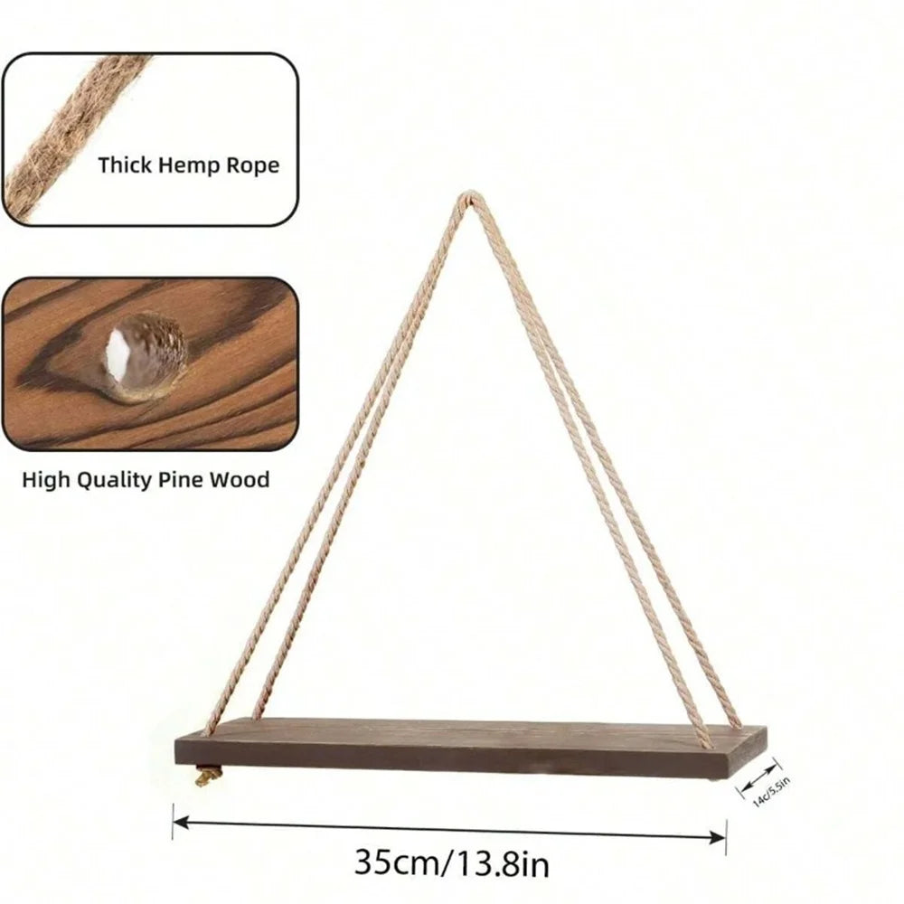 Wood Hanging Wall Shelf with Hemp Rope – Rustic Floating Display Shelf for Plants, Décor & Storage