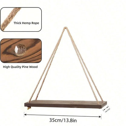 Wood Hanging Wall Shelf with Hemp Rope – Rustic Floating Display Shelf for Plants, Décor & Storage