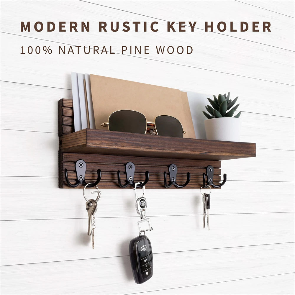 Modern rustic key holder with shelf and hooks on a white wooden background