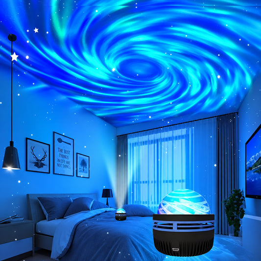 Room with starry night sky projection on ceiling, featuring a night light projector.