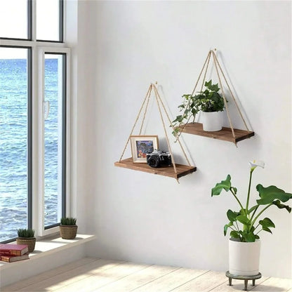 Wood Hanging Wall Shelf with Hemp Rope – Rustic Floating Display Shelf for Plants, Décor & Storage