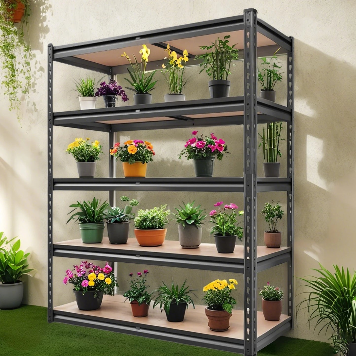 Shelving unit with various potted plants against a neutral wall.