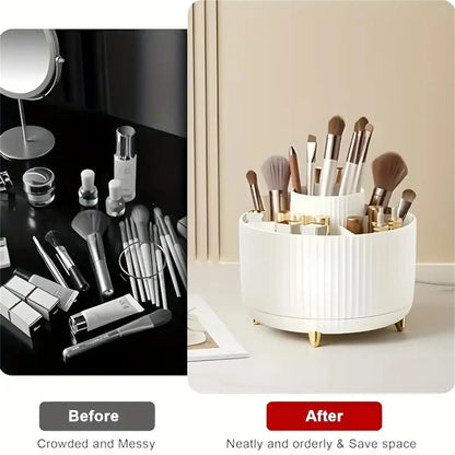 Before and after comparison of a makeup organizer with scattered makeup items on a messy surface.