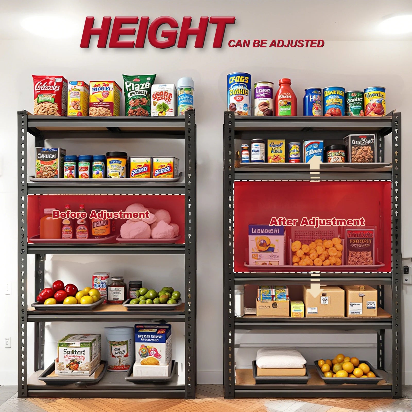 Adjustable height shelving unit with food items on shelves.