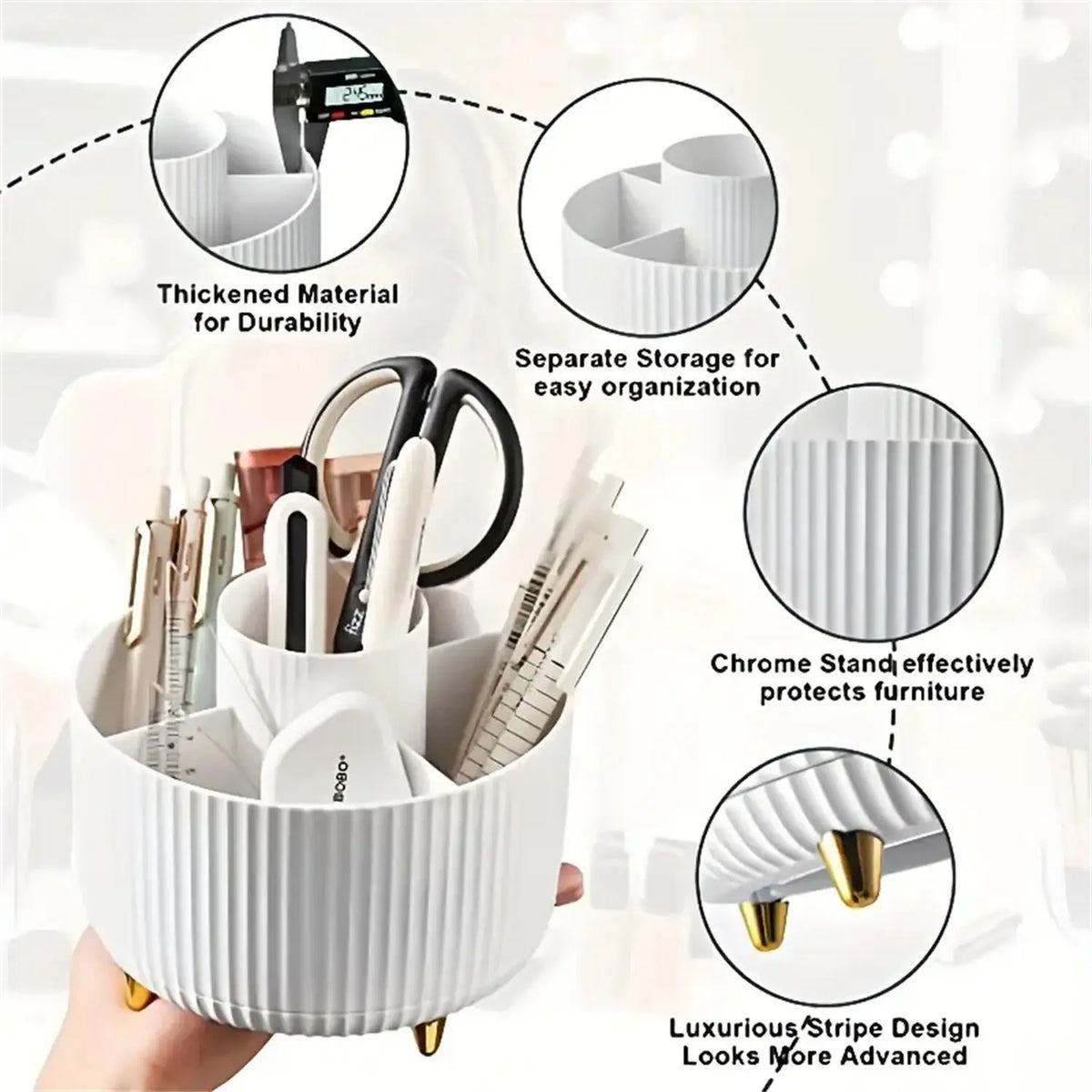White desk organizer with various office supplies, held by a hand, with text highlighting features.